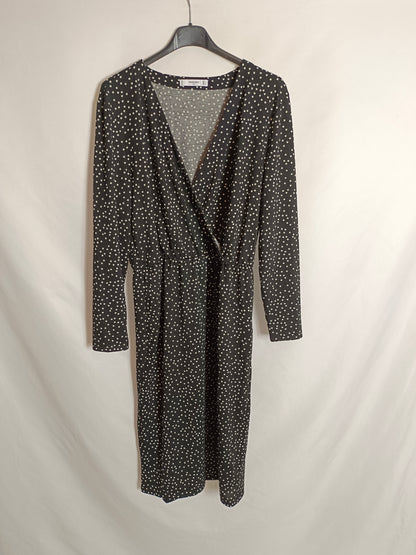 MANGO. Vestido midi negro lunares T.m