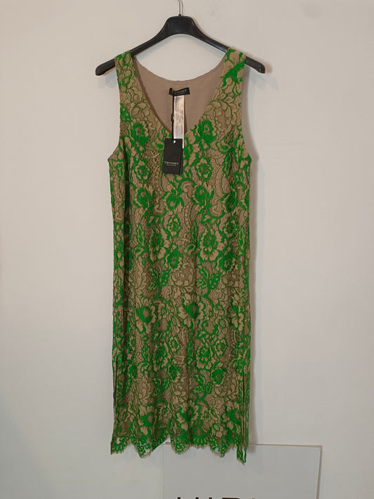 TWINSET. Vestido midi encaje beige y verde T.42