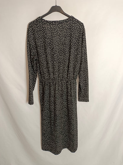 MANGO. Vestido midi negro lunares T.m