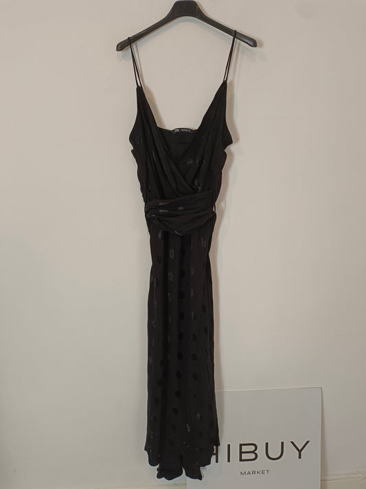 ZARA. Vestido largo negro lunares T.m