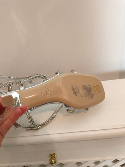 MIU MIU. Silver rhinestone sandals, size 38