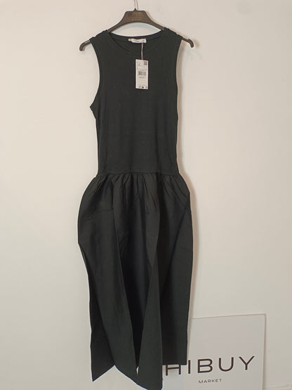 MANGO. Vestido largo negro doble textura T.l