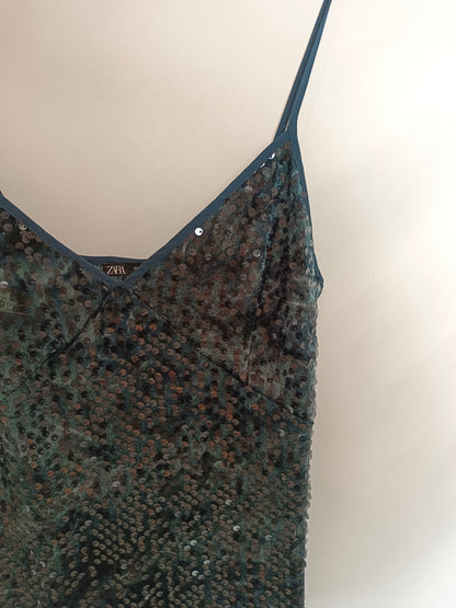 ZARA. Vestido verde lentejuelas T.s