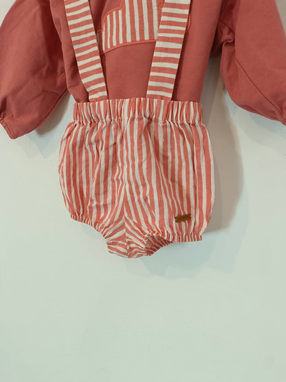 COCOTE. White and orange striped romper and sweatshirt, size 12 months