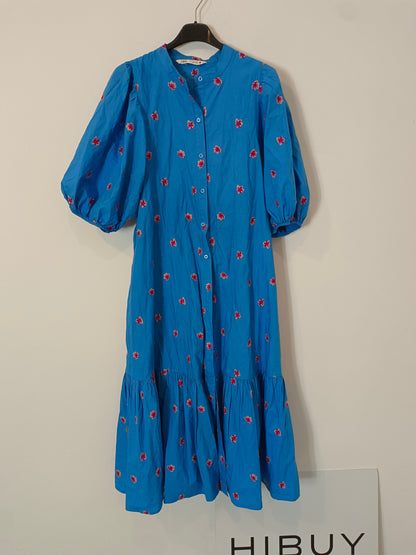 ZARA. vestido largo azul bordado flores T.s