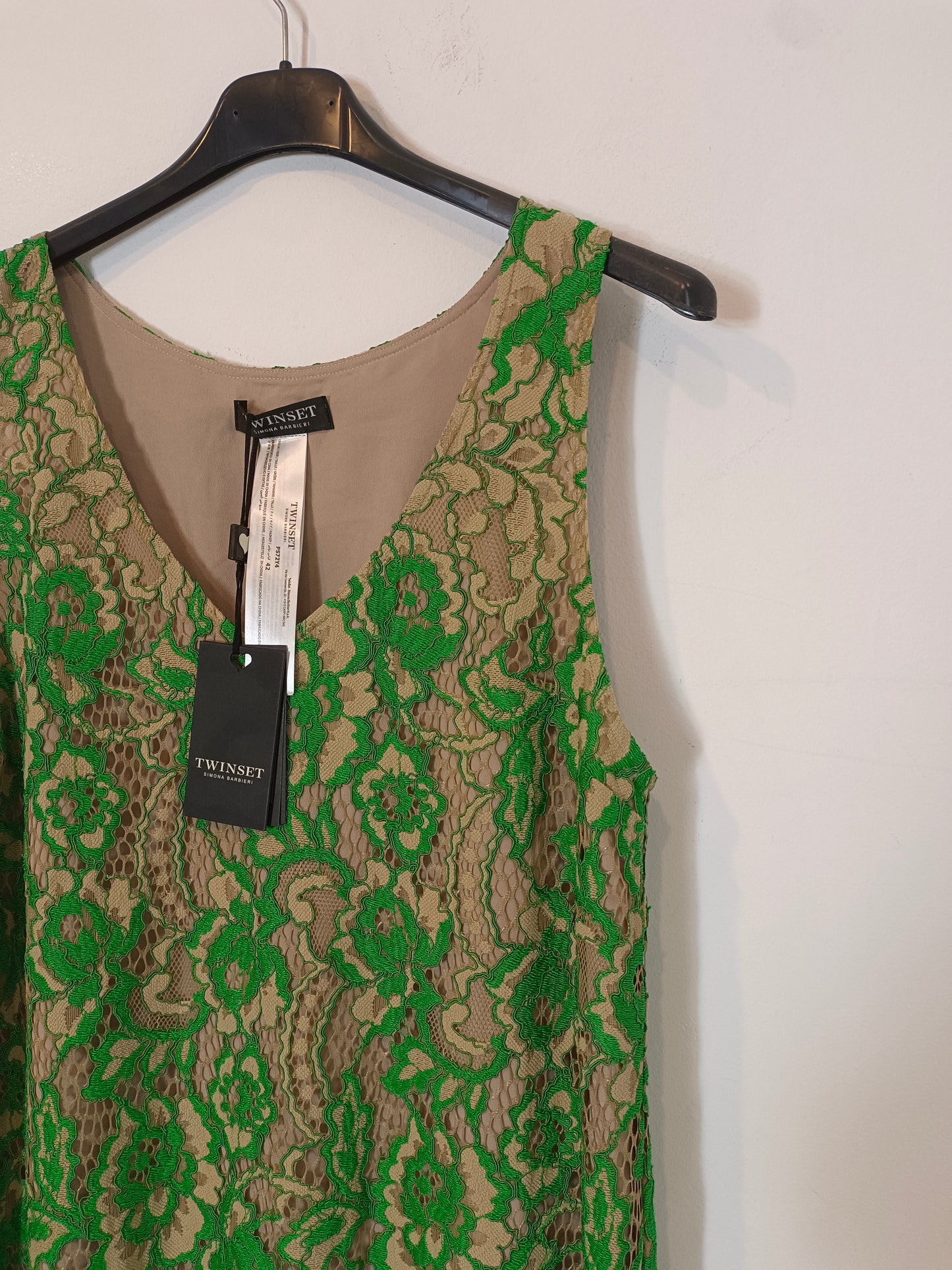 TWINSET. Vestido midi encaje beige y verde T.42