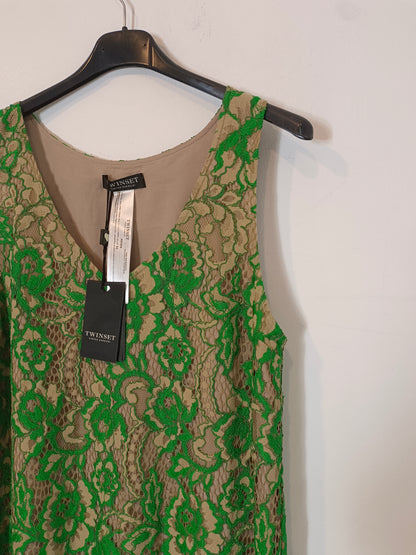 TWINSET. Vestido midi encaje beige y verde T.42