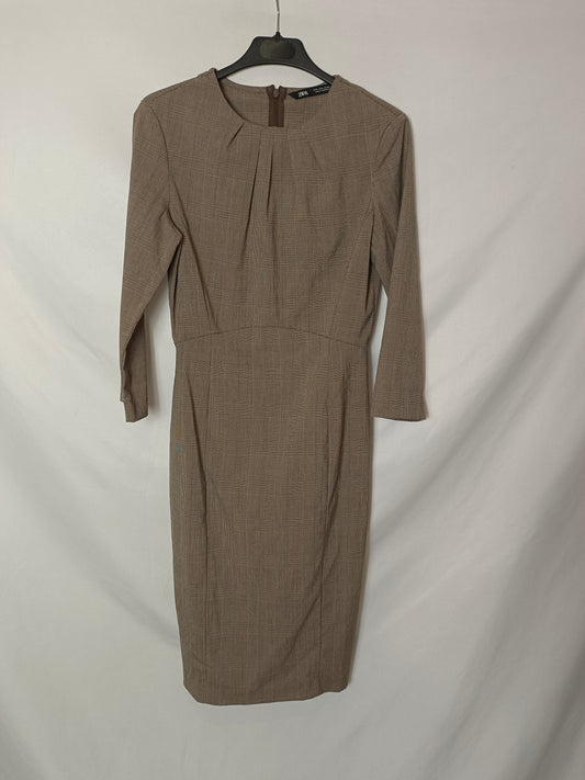 ZARA. Vestido marrón cuadros T.s