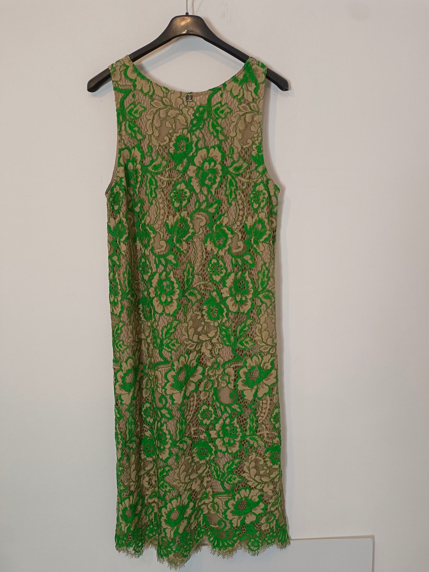 TWINSET. Vestido midi encaje beige y verde T.42