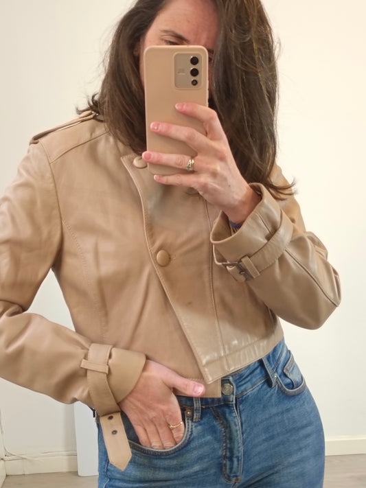 OTHERS. Beige double-breasted leather jacket. TS