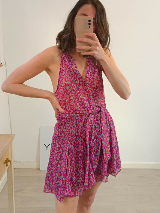 ZARA. Vestido corto  flores tonos rosas T.s