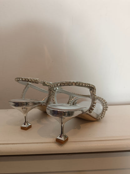 MIU MIU. Silver rhinestone sandals, size 38