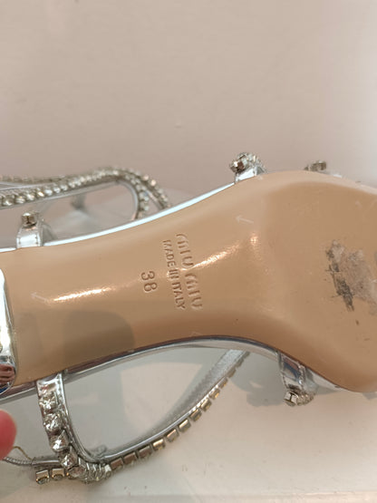 MIU MIU. Silver rhinestone sandals, size 38