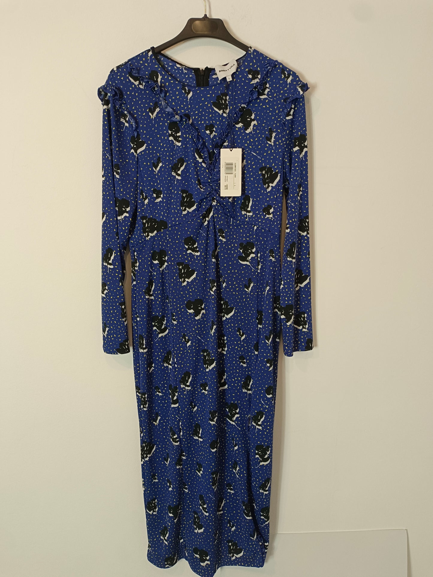 BIMBA Y LOLA. Vestido largo azul detalle volante T.l