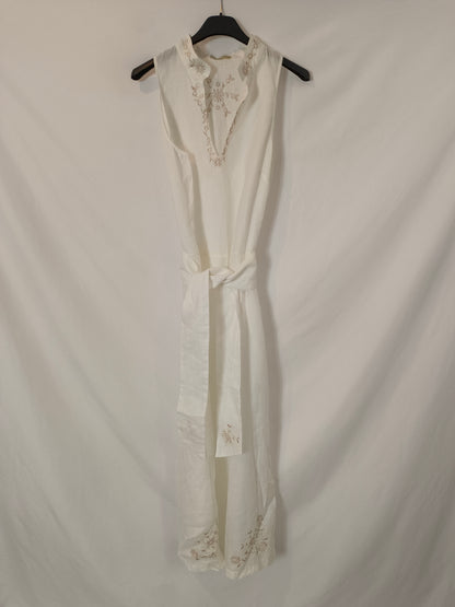 MASSIMO DUTTI. Vestido blanco bordado T.40