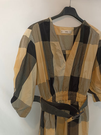 MANGO. Vestido midi cuadros cinturón T.s