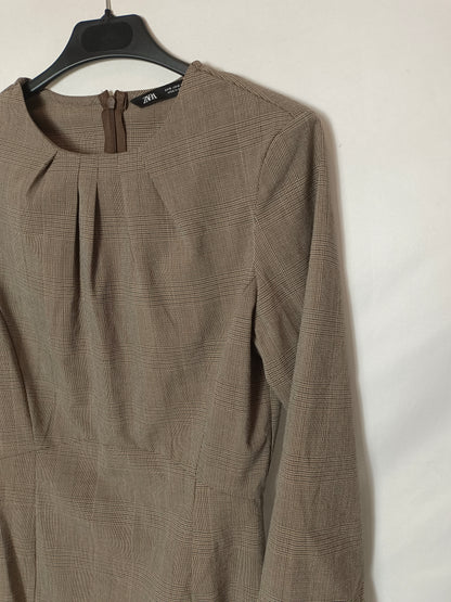ZARA. Vestido marrón cuadros T.s