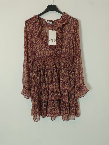 ZARA. vestido estampado burdeos hilos T.s