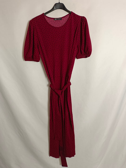 ZARA. Vestido midi burdeos lunares T.m