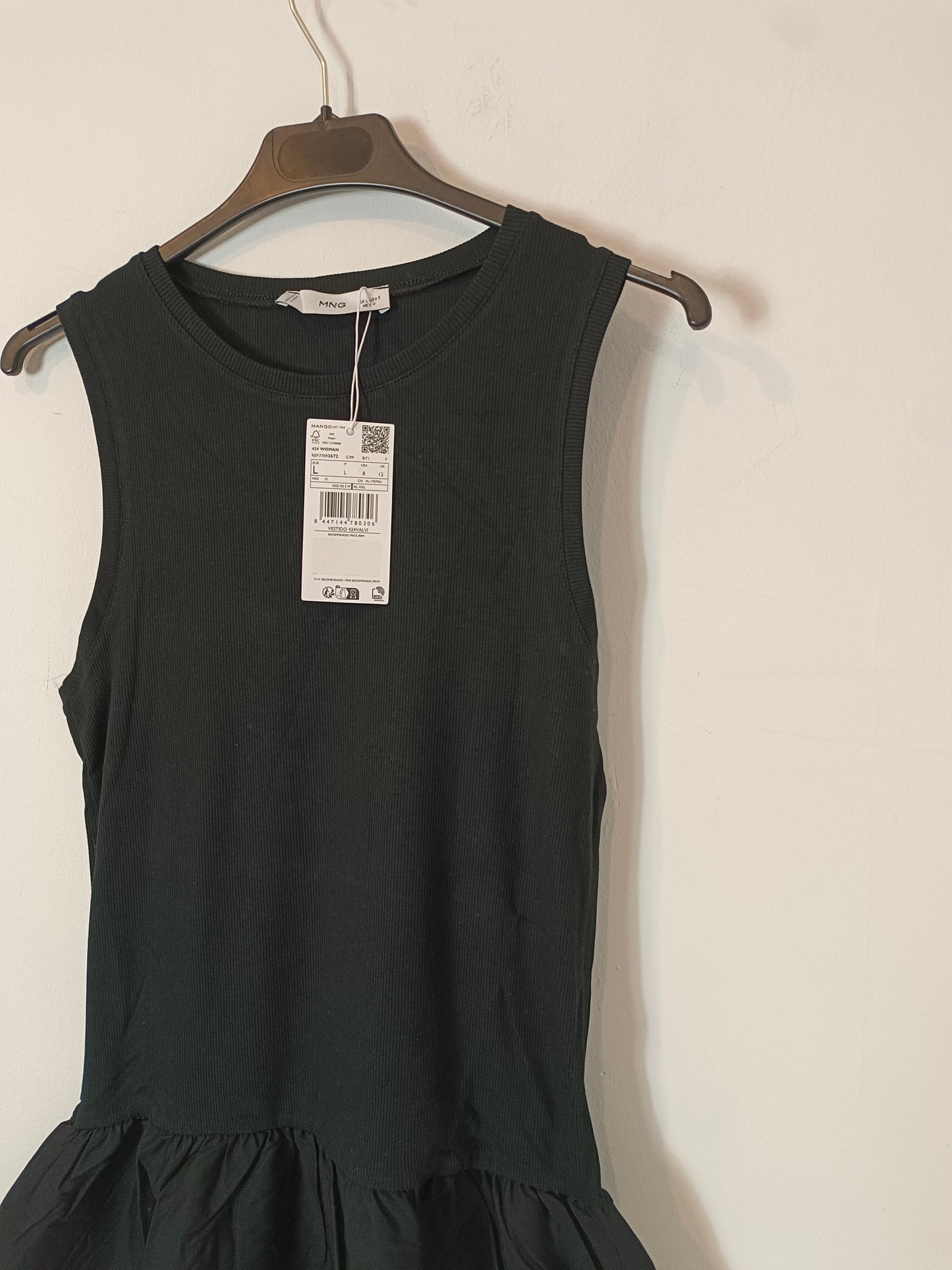 MANGO. Vestido largo negro doble textura T.l