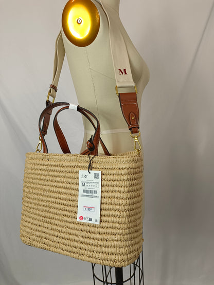 ZARA. Bolso rafia detalles cuero