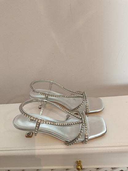 MIU MIU. Silver rhinestone sandals, size 38