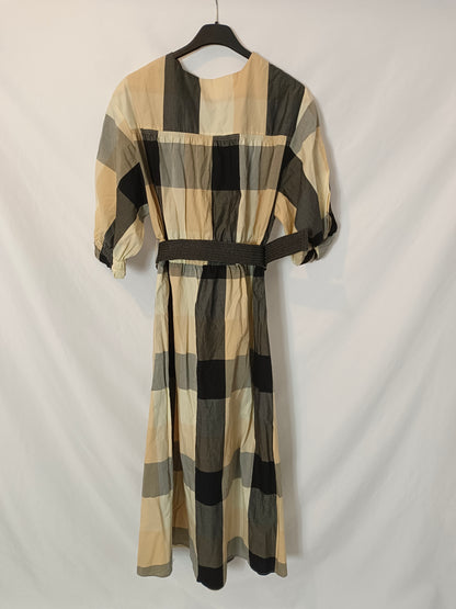 MANGO. Vestido midi cuadros cinturón T.s