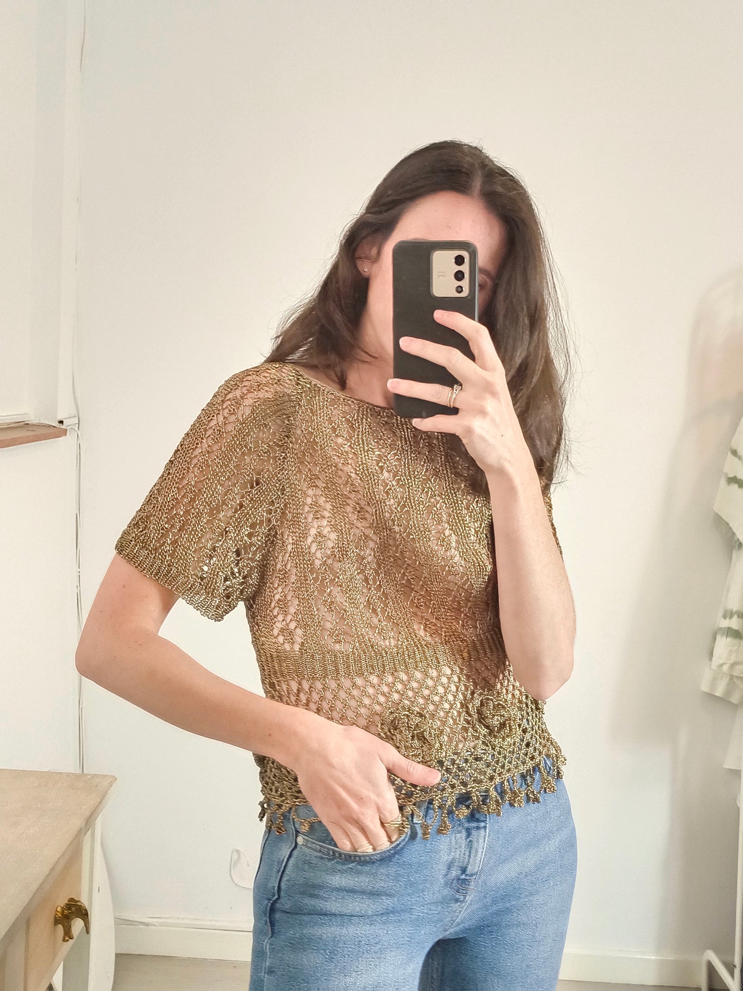 ZARA. Gold crochet top Ts