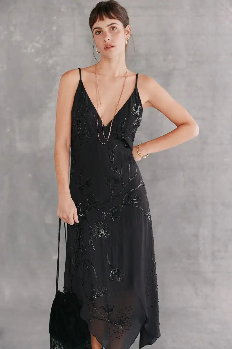 Vestido midi negro lentejuelas