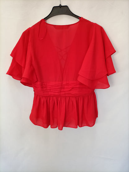 ZARA. Top rojo fluido volante T.s.