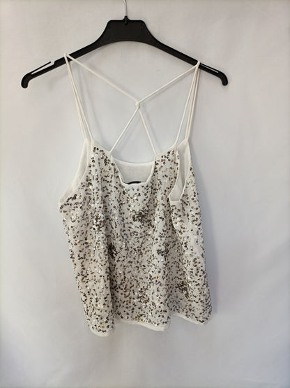 MANGO. Top blanco lentejuelas T.s
