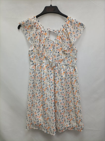 GEMO. Vestido blanco flores y rayas  T.10 años