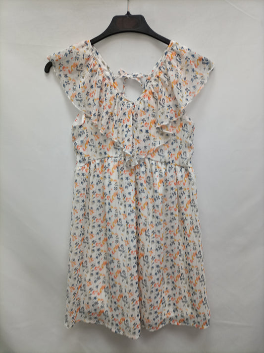 GEMO. Vestido blanco flores y rayas  T.10 años