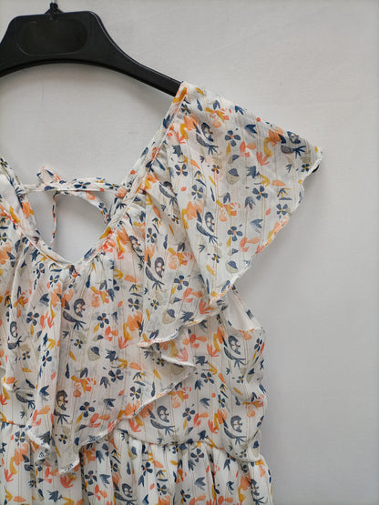 GEMO. Vestido blanco flores y rayas  T.10 años