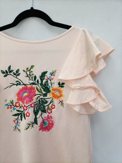 OTRAS. Vestido rosa flores bordadas T.u (m)