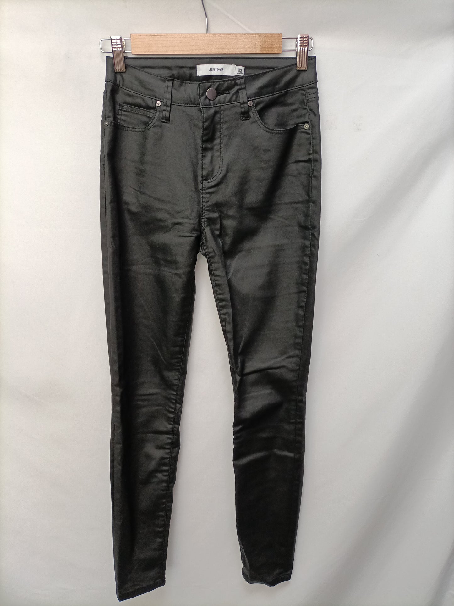 JUSTFUB. Black waxed trousers, size 32
