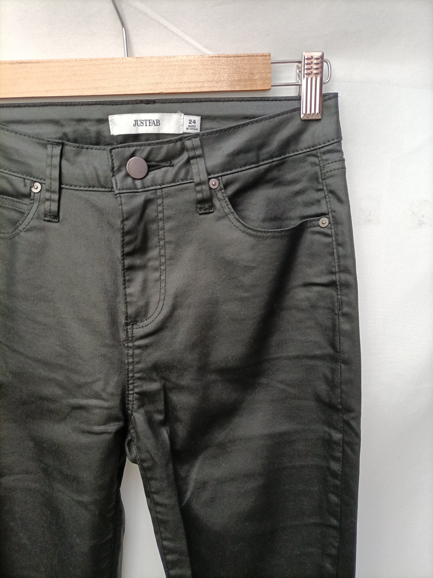 JUSTFUB. Black waxed trousers, size 32