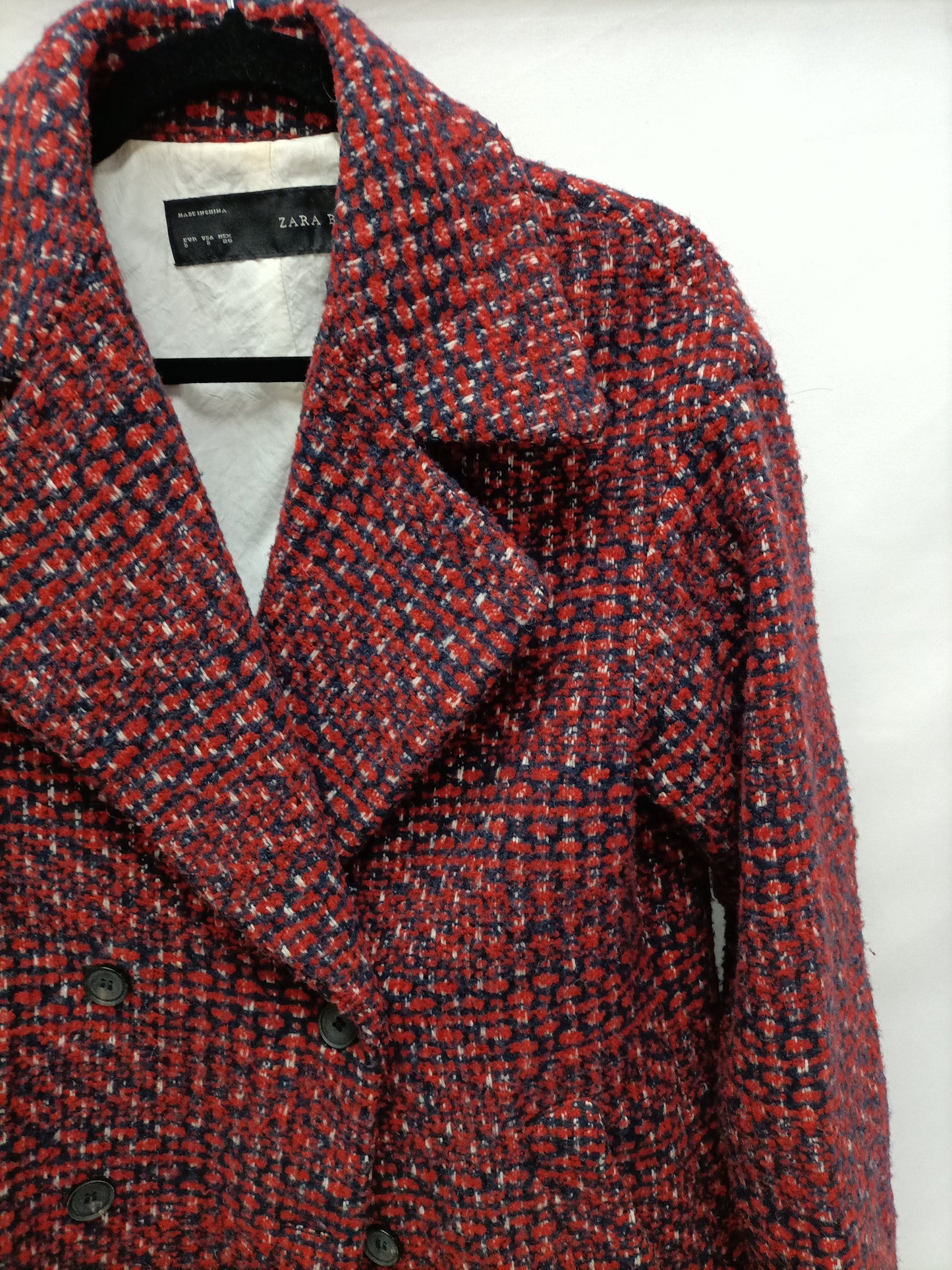 ZARA. Abrigo tweed rojo y azul T.s