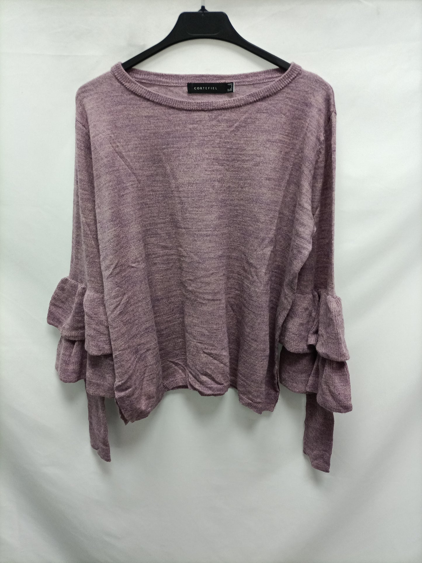 CORTEFIEL. Purple mottled sweater with ruffle detail.
