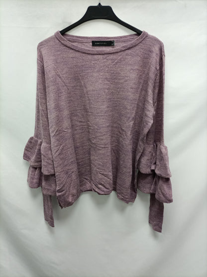 CORTEFIEL. Purple mottled sweater with ruffle detail.