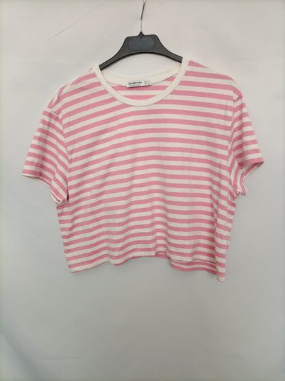 STRADIVARIUS. Camiseta rayas rosas T.l