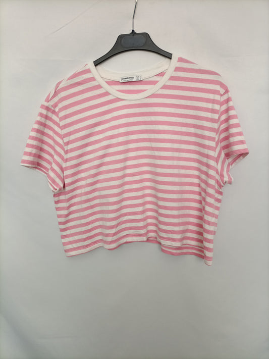 STRADIVARIUS. Camiseta rayas rosas T.l