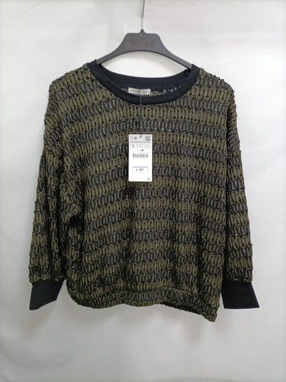 ZARA.Green and black die-cut knit sweater TL