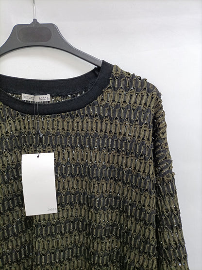 ZARA.Green and black die-cut knit sweater TL