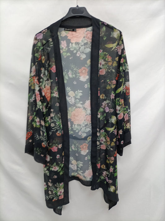 STRADIVARIUS. Kimono negro flores T.m