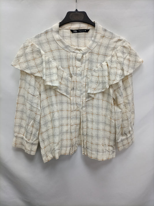 ZARA. Blusa beige cuadros  T.s