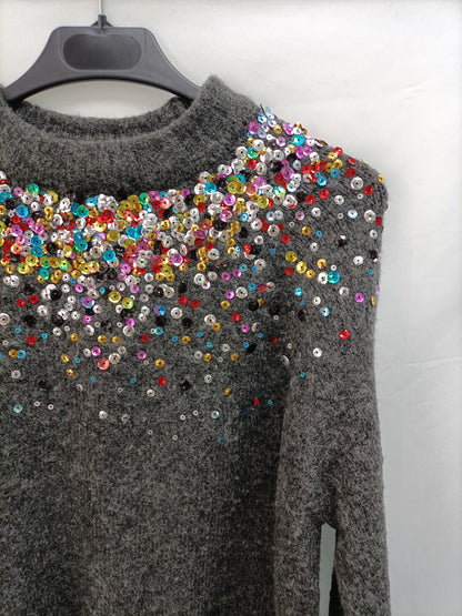 ZARA. Jersey gris lentejuelas y T.m