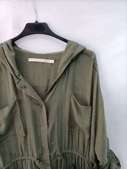 SFERA. Over green hooded linen shirt Tm