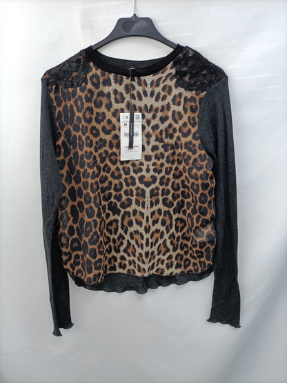 ZARA. Double textured animal print T-shirt Tm