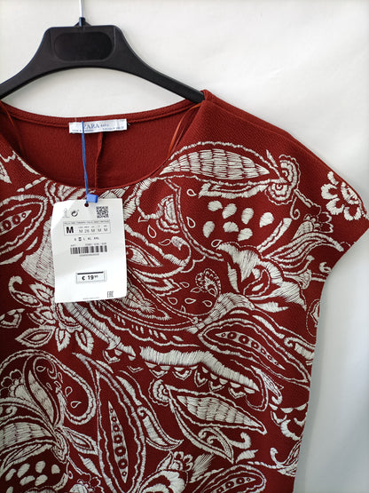 ZARA. Brown dress with white embroidery Tm